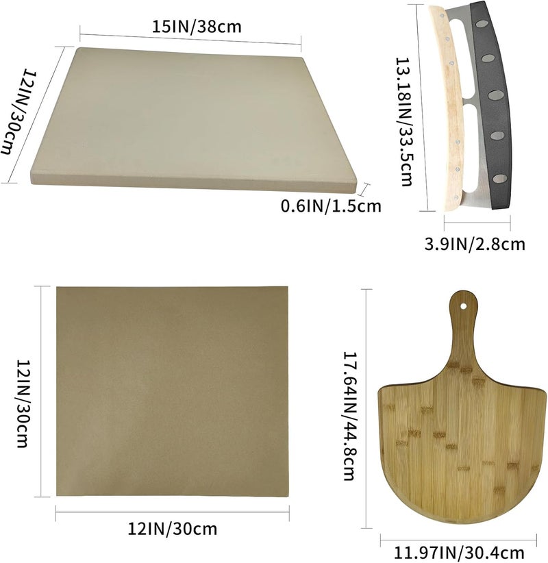 DAILJMON Rectangular Pizza Stone 4 Sets,12"x15"x0.59"(OAK) Pizza Stone for Oven and Grill with Bamboo Pizza Peel, Pizza Cutter and 10pcs Cooking Paper,Grill Stone Baking Stone for Bread,BBQ,Grill - Image 5